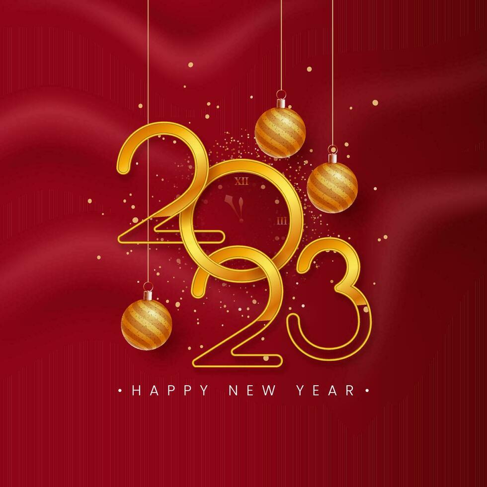 3D Stylish Golden 2023 Number With Creative Clock And Hanging Baubles On Red Silk Wave Background For Happy New Year Concept. vector
