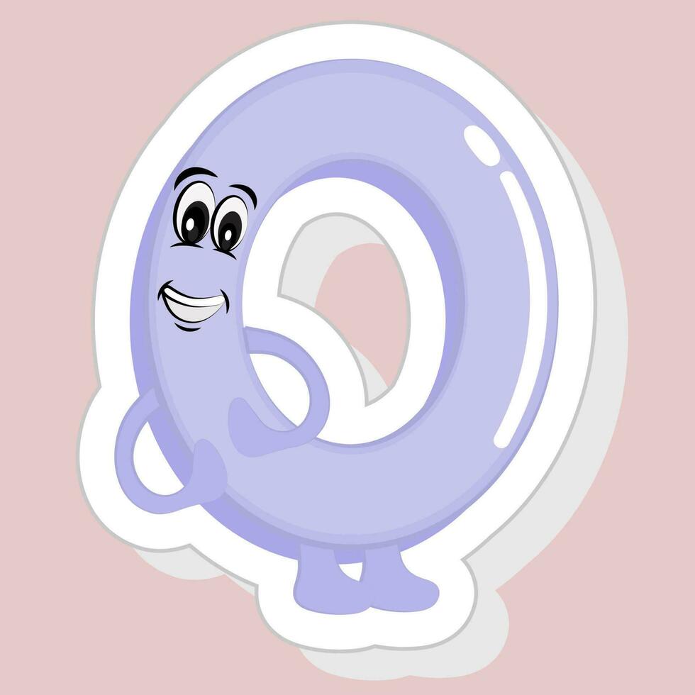 Sticker Style Purple Happy Cartoon Number 0 On Pink Background. vector