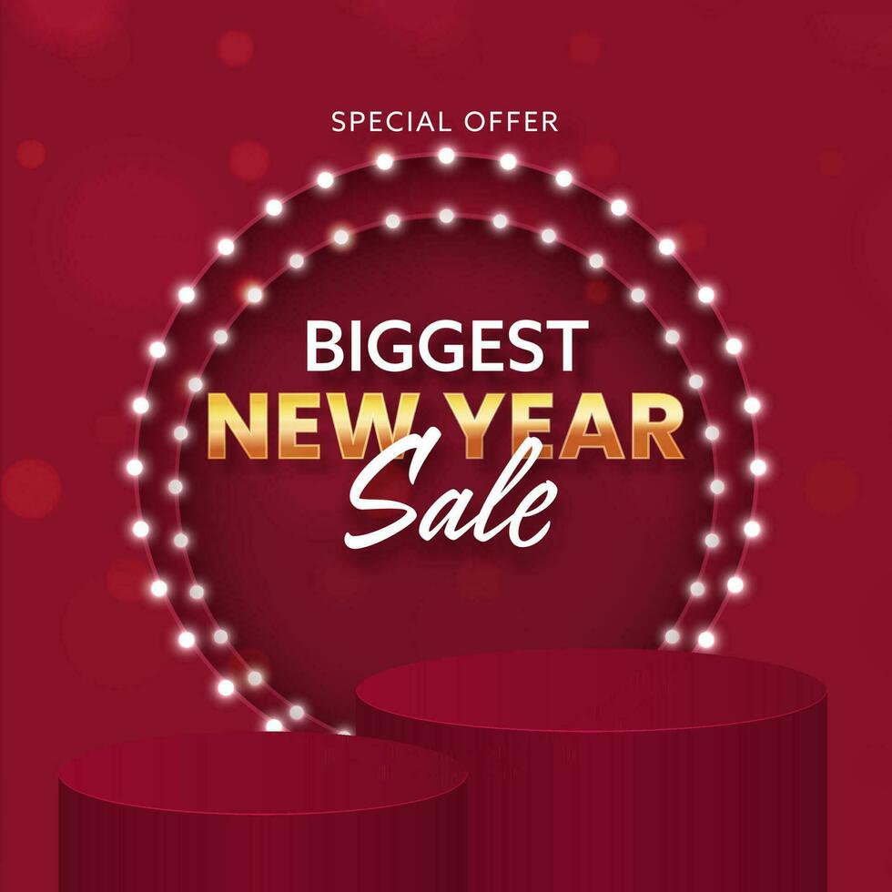 Biggest New Year Sale Poster Design With Lighting Circular Shape And 3D Empty Podium On Red Background. vector