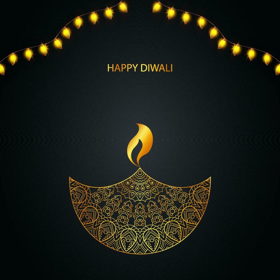dorado contento diwali fuente con iluminado petróleo lámpara ornamento y Encendiendo guirnalda en negro antecedentes. vector