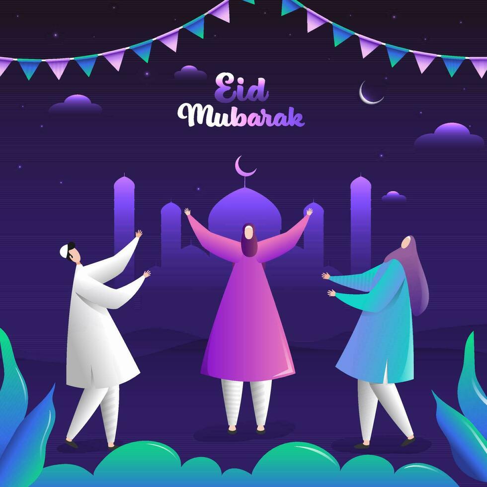 Islamic festival Eid Mubarak celebration concept with Muslim people celebrating, night background. Illustration of mosque. vector
