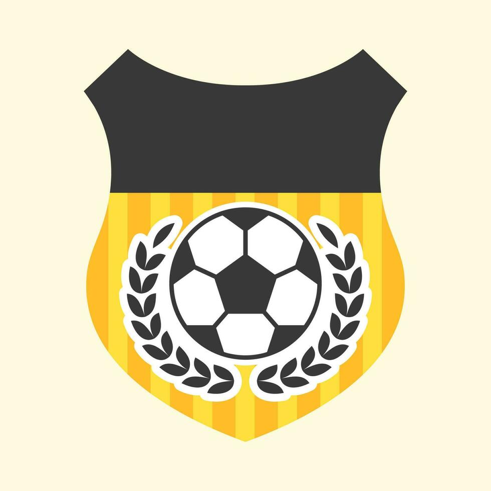 Black And White Soccer Ball With Laurel Leaves And Shield On Yellow Background. vector