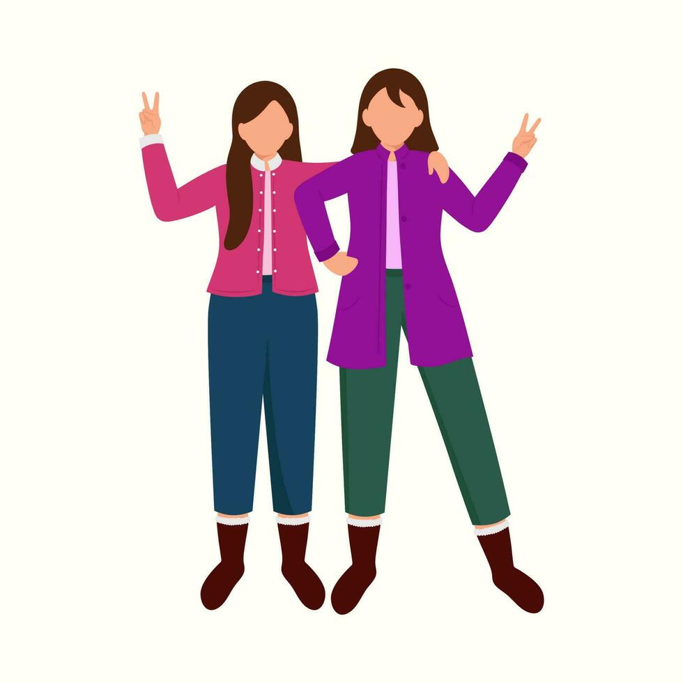 Faceless Young Women Giving Pose For Photoshoot In Woolen Clothes On White Background. vector