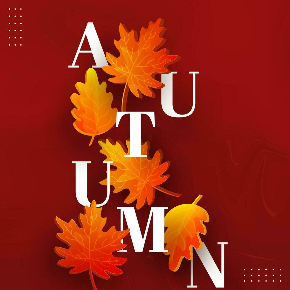 Autumn Font With 3D Autumnal Leaves On Red Abstract Marble Texture Background. vector