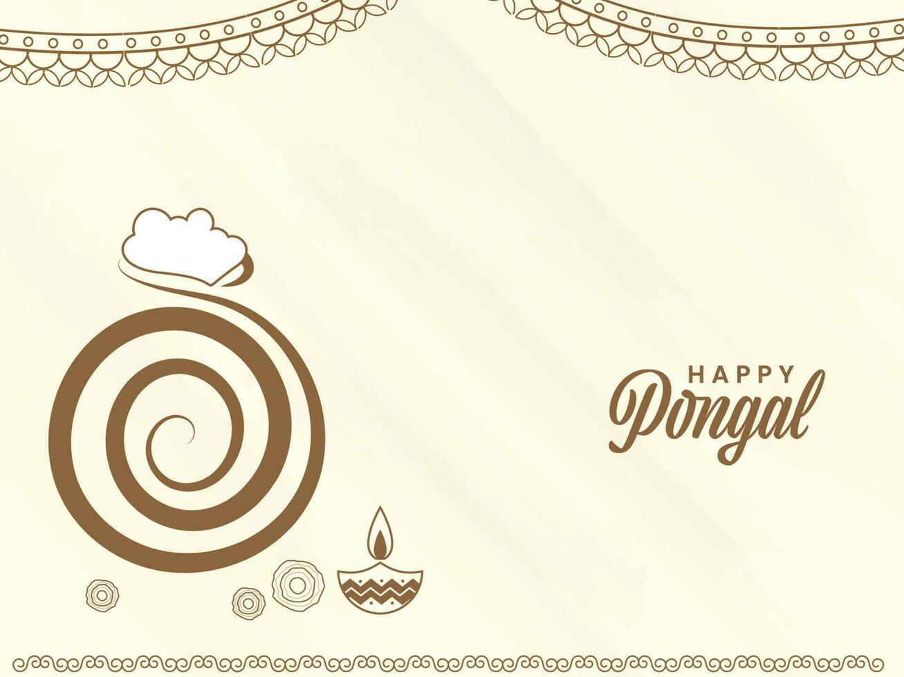 Happy Pongal Celebration Concept With Creative Swirl Linear Clay Pot, Flowers, Lit Oil Lamp On Beige Background. vector