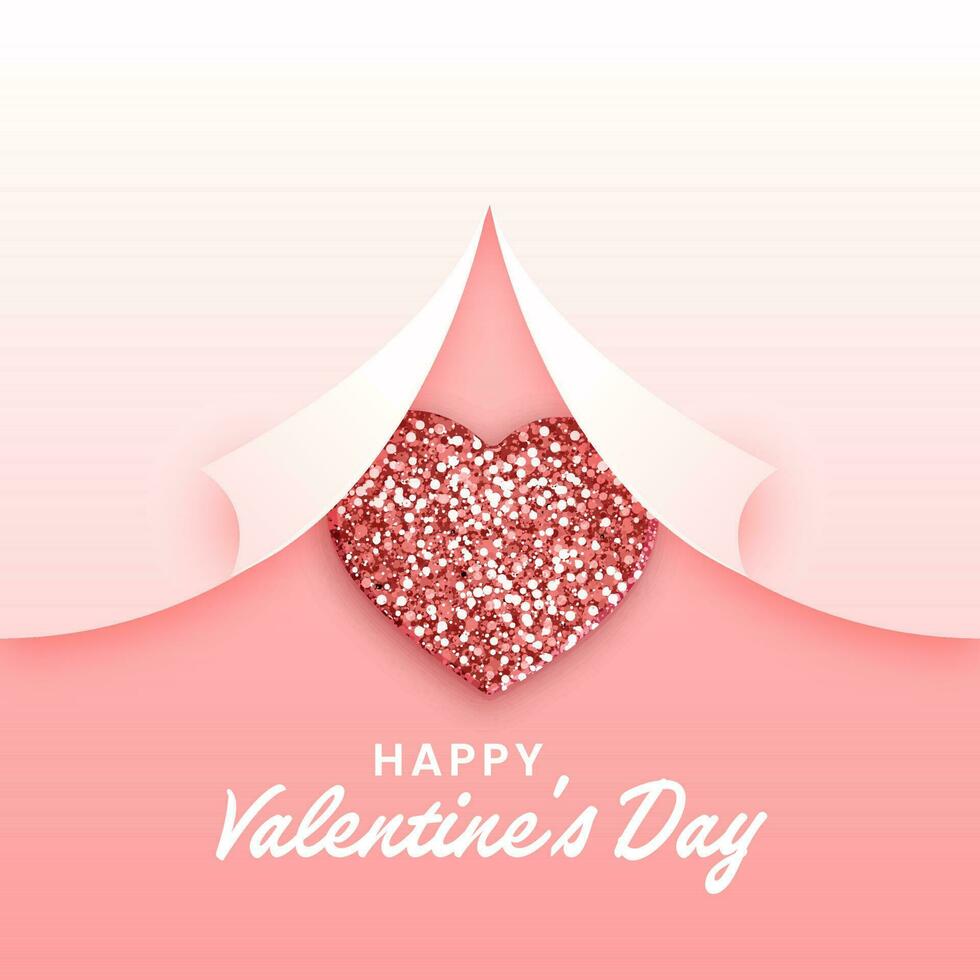 Curled Paper Style White And Pastel Red Background With Glittering Heart And Happy Valentine's Day Font. vector