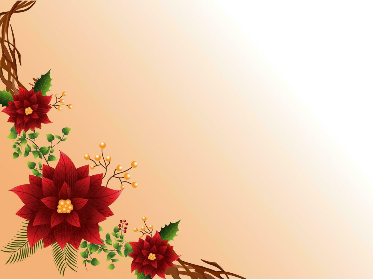 Top View Of Poinsettia Flowers, Leaves, Berries Decorated Peach And White Background With Copy Space. vector