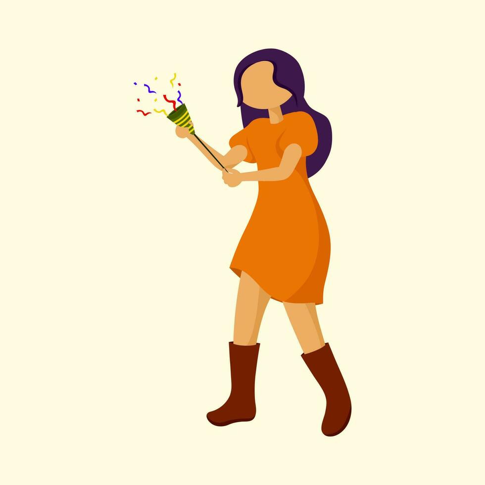 Faceless Modern Young Woman Holding Party Popper Which Exploding To Celebrate On Yellow Background. vector