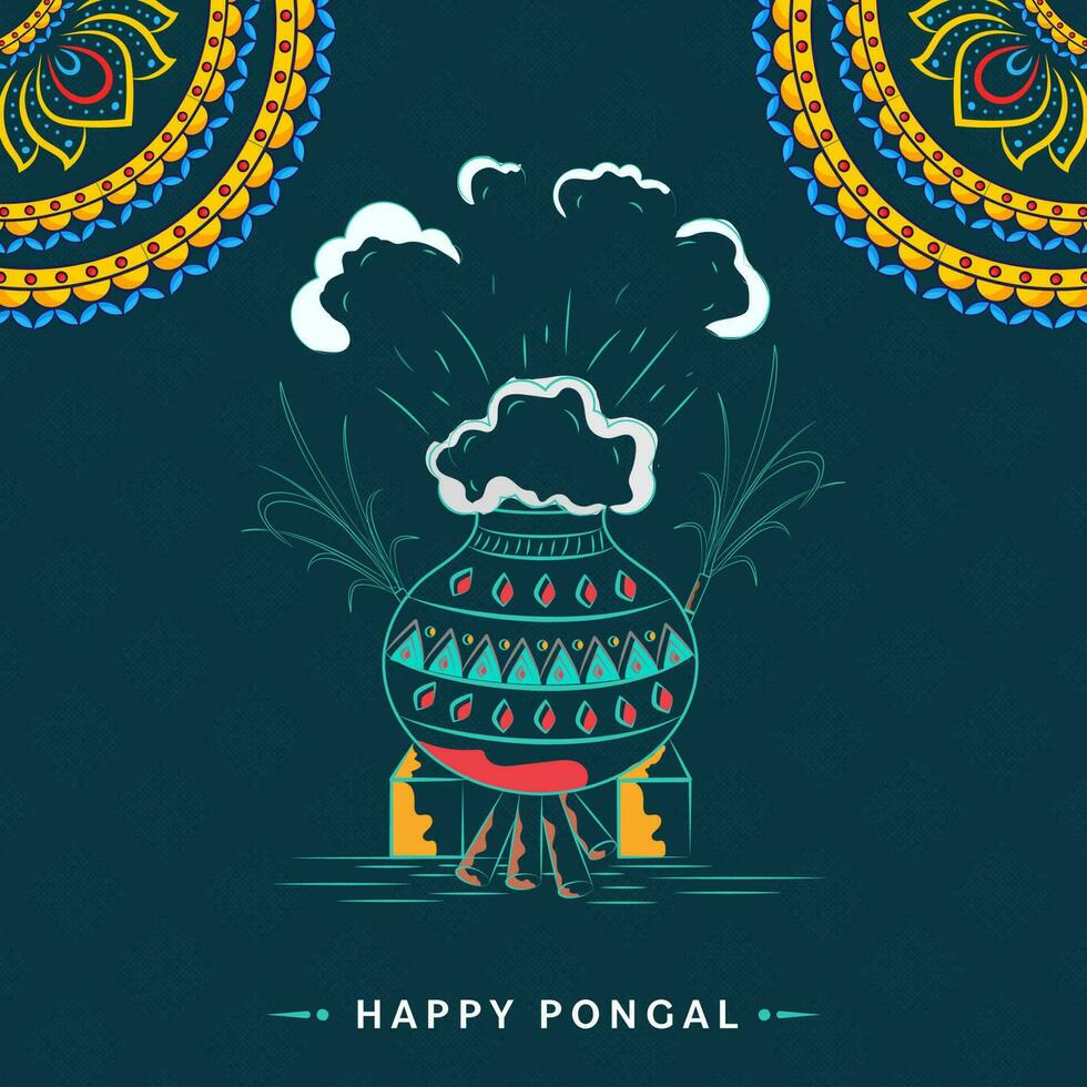 Happy Pongal Celebration Concept With Doodle Cooking Pot Over Firewood, Sugarcanes And Mandala Corner On Teal Blue Background. vector