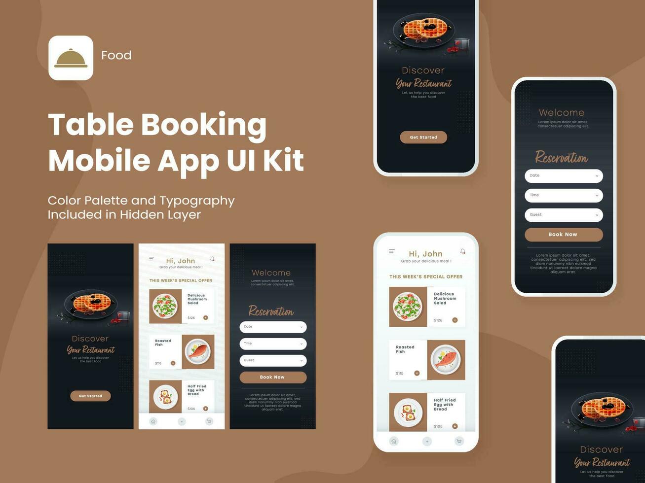 Table Booking Mobile App UI Kit Including As Sign In, Sign Up, Menu and Reserved Table Details For Responsive Website. vector