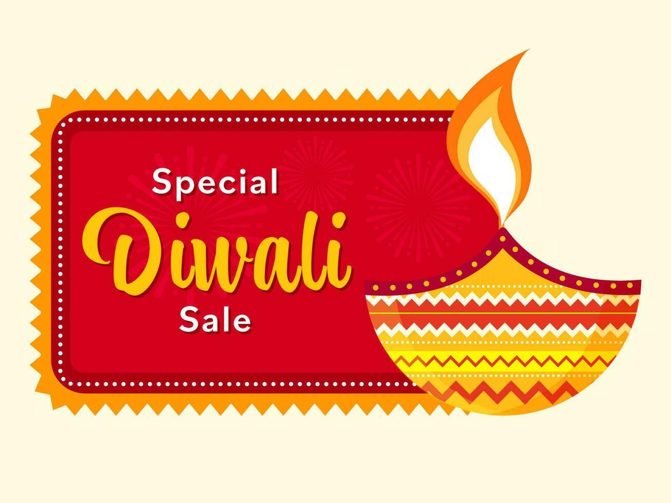 diwali rebaja bandera o póster diseño con ardiente petróleo lámpara en blanco y rojo fuegos artificiales antecedentes. vector