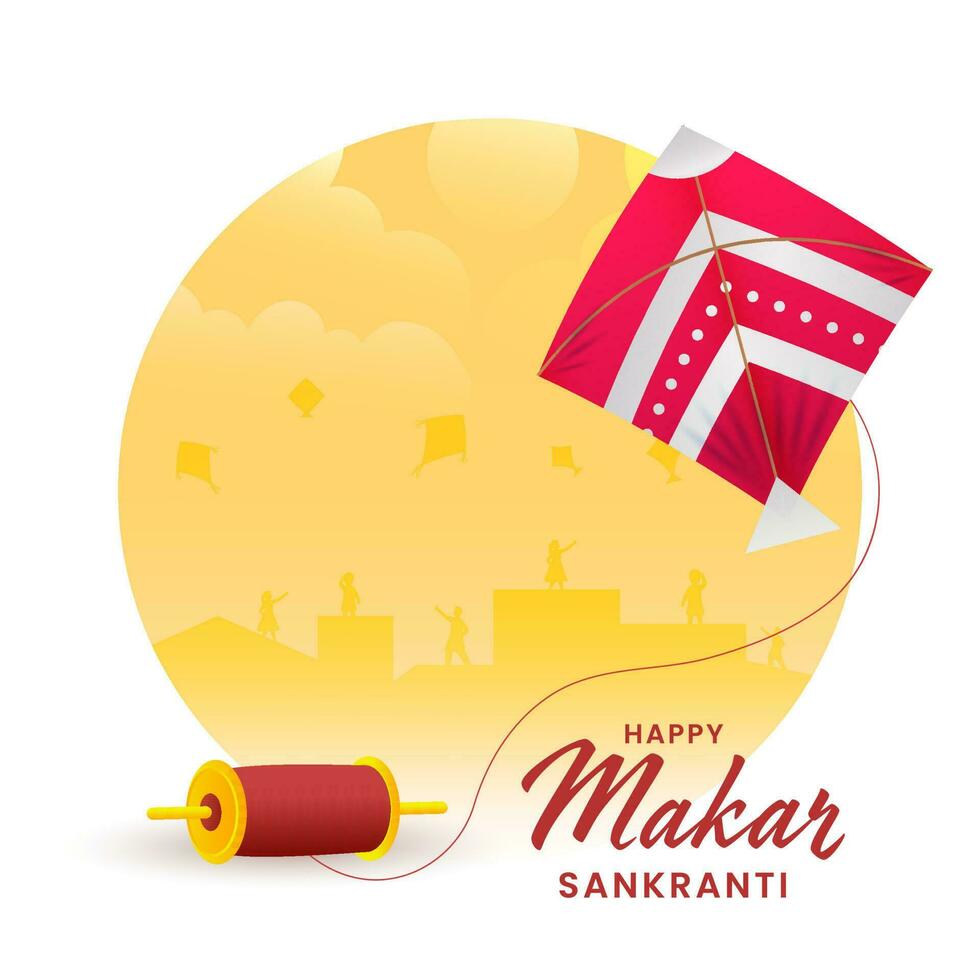 contento makar sankranti saludo tarjeta con cometa volador, cuerda carrete, silueta personas y Dom en amarillo y blanco antecedentes. vector