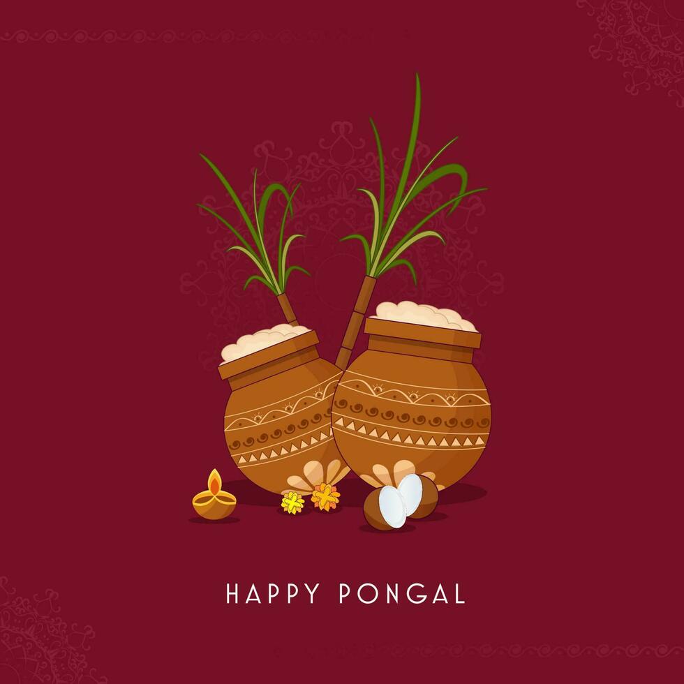 Happy Pongal Celebration Poster Design With Festival Elements On Red Rangoli Background. vector