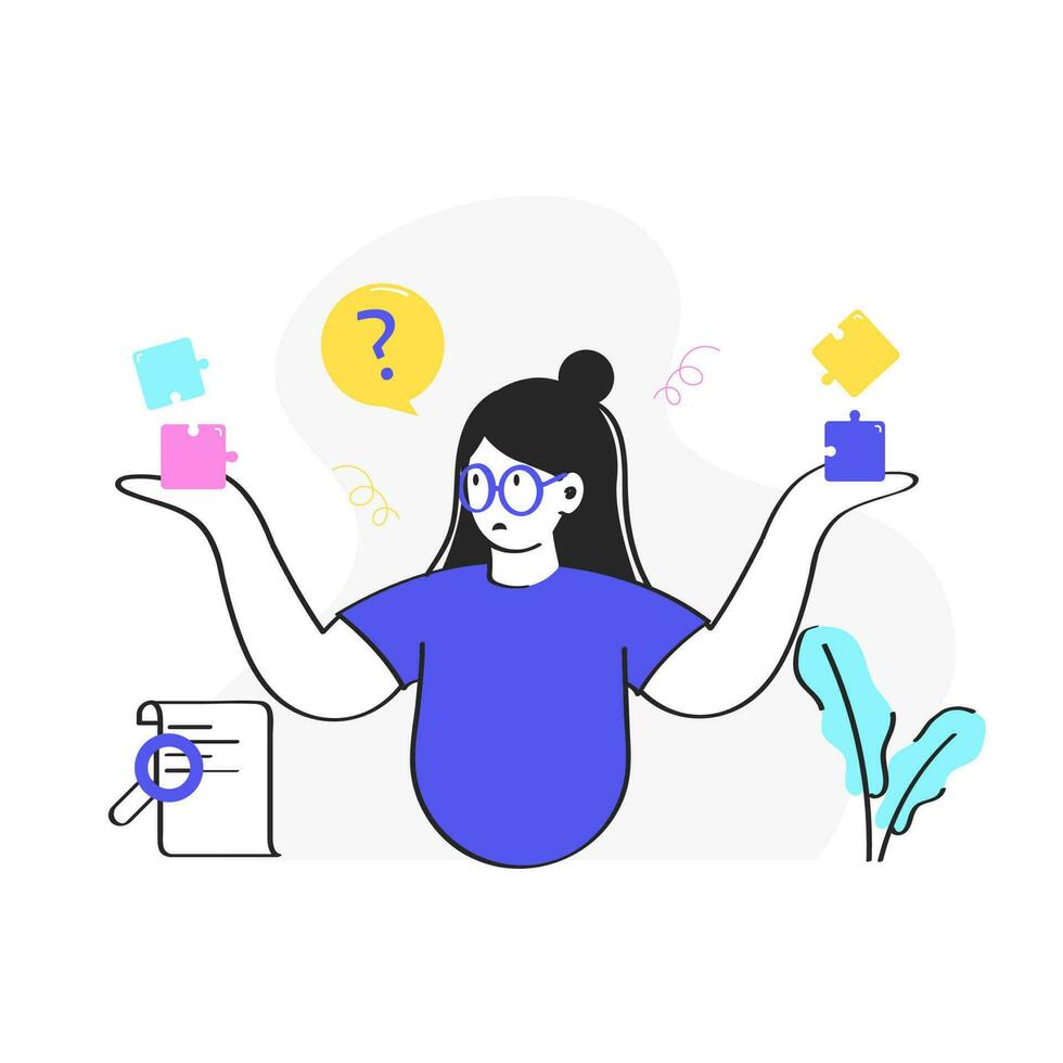 Vector Illustration Of Woman Presenting Puzzles With Searching Document Paper On White Background.