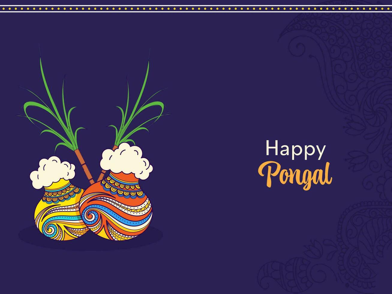 Happy Pongal Celebration Greeting Card With Traditional Dishes In Mud Pots And Sugarcanes On Blue Paisley Pattern Background. vector