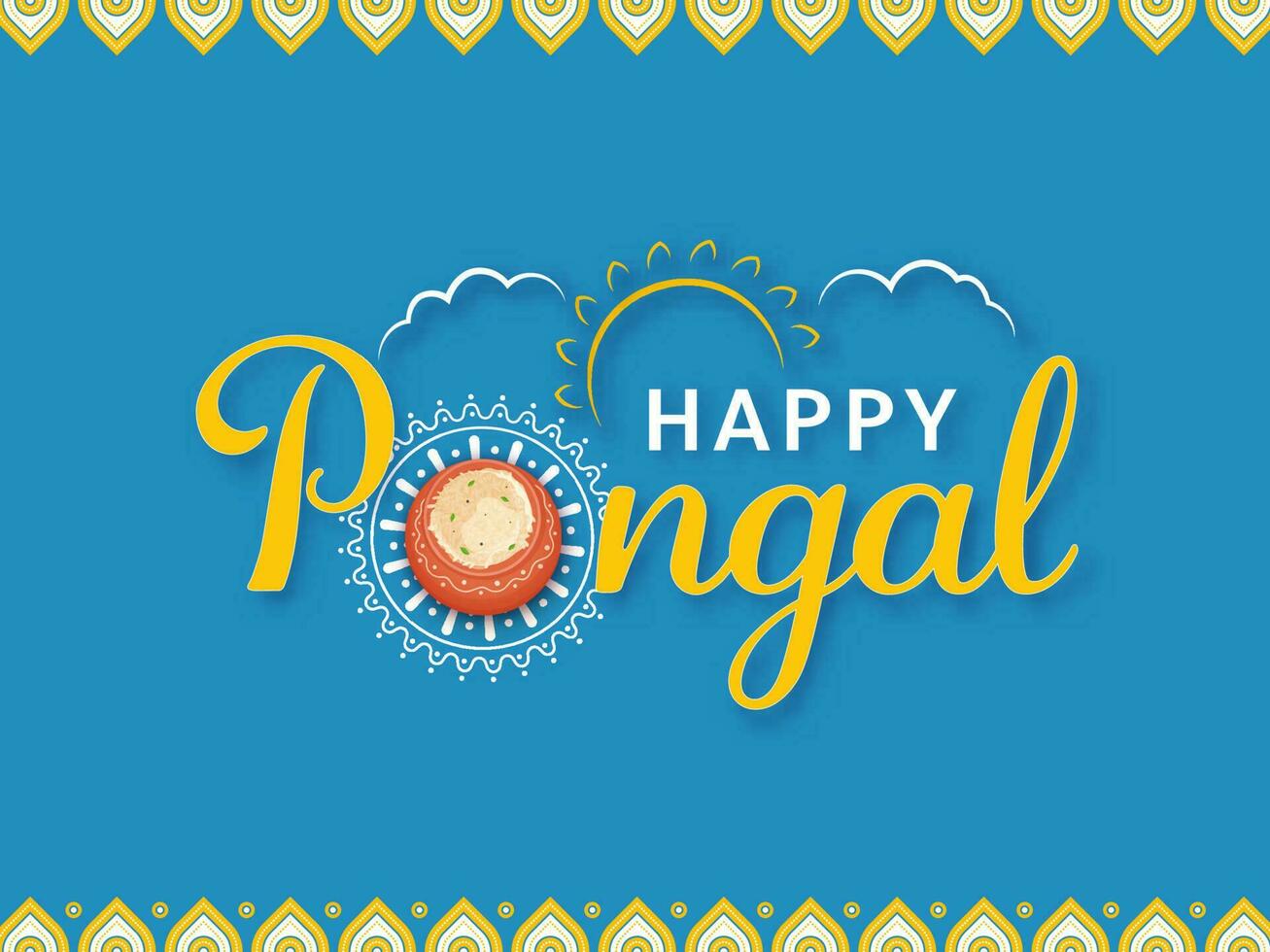 Happy Pongal Lettering With Top View Of Pongali Rice In Clay Pot And Sun On Blue Background. vector