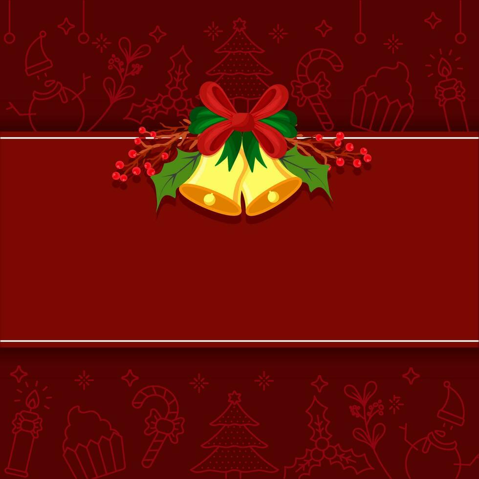 Red Christmas Element Pattern Background With Bow Ribbon, Jingle Bell, Berries Stem And Copy Space. vector
