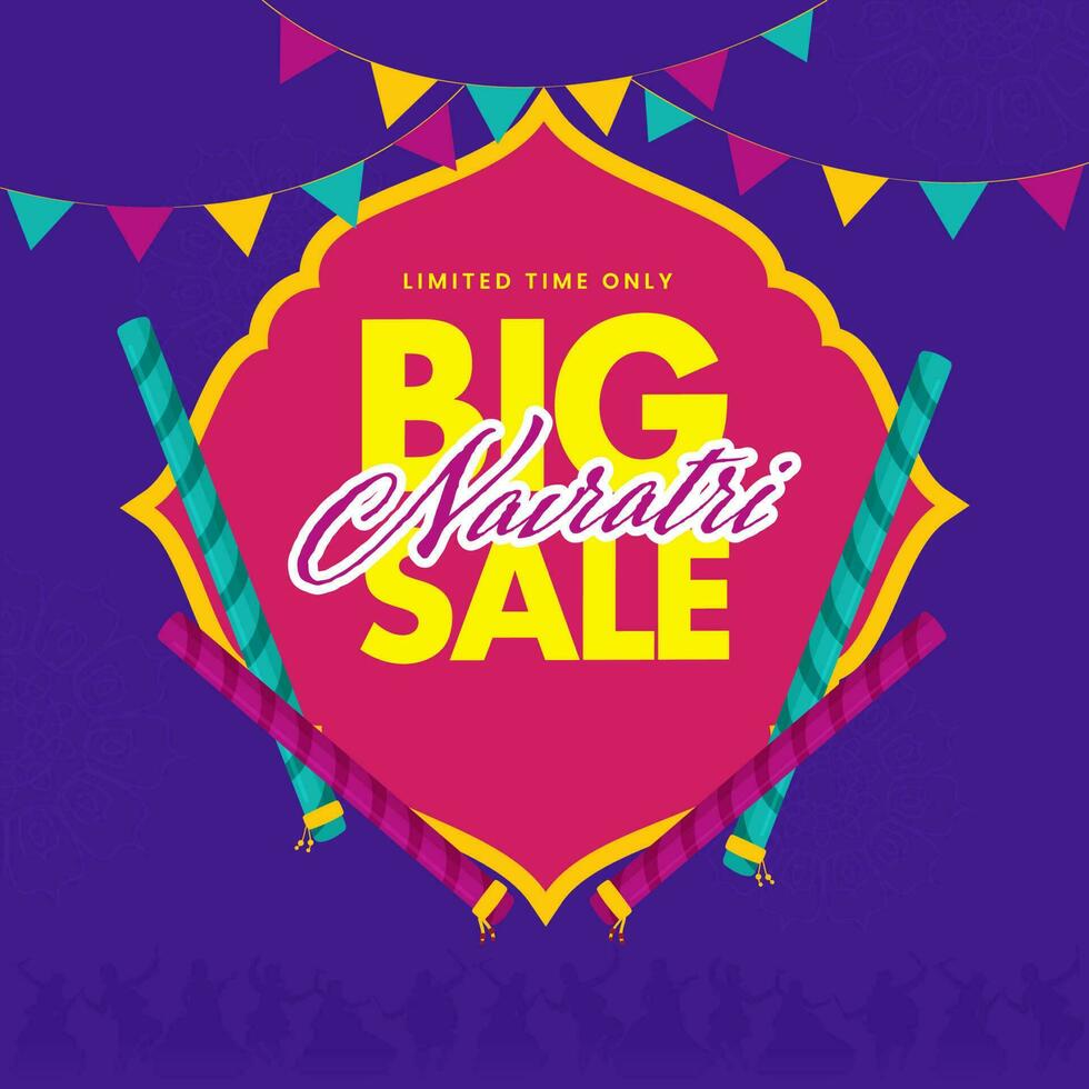 Navratri Big Sale Poster Design With Dandiya Sticks, Bunting Flags On Dark Pink And Violet Silhouette People Background. vector