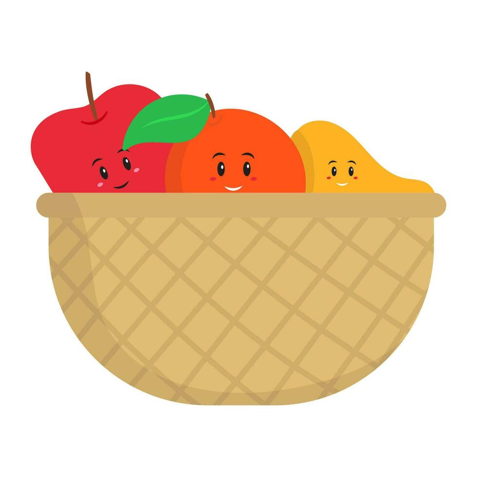 Cute Funny Cartoon Fruit Basket In Colorful. vector