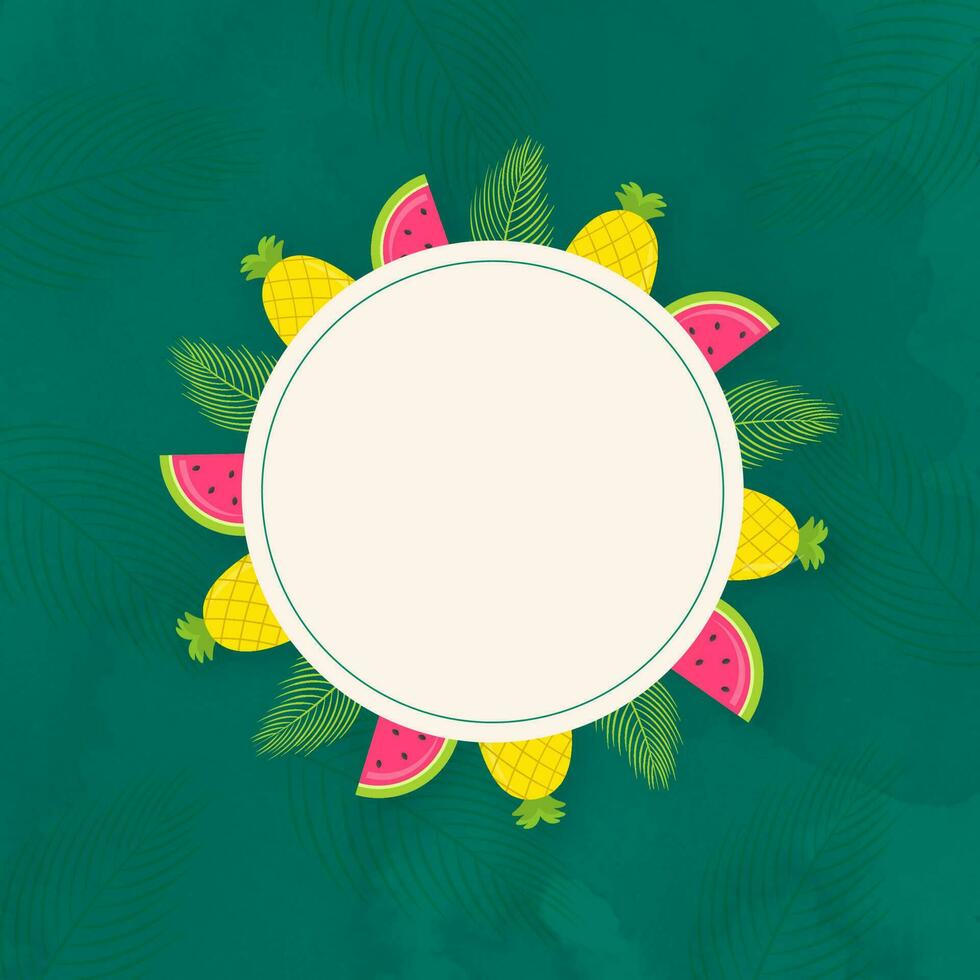 Summer time concept with watermelon, pineapples and fir leaves with a circular sticker with space for your message. vector