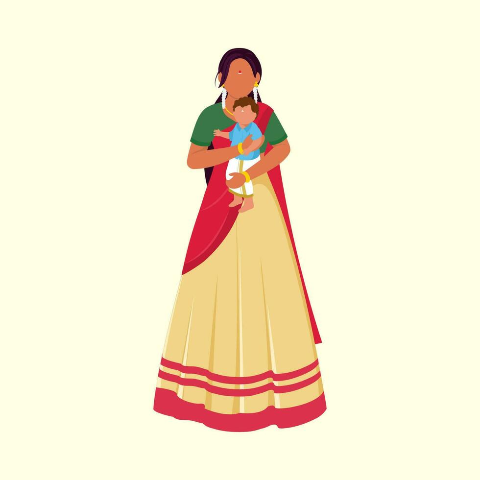 Faceless South Indian Woman Lapping Her Son In Standing Pose On Pastel Yellow Background. vector