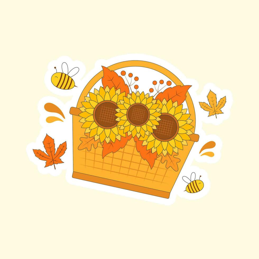 Isolated Sunflowers Basket With Flying Bee And Maple Leaves On Cosmic Background. vector