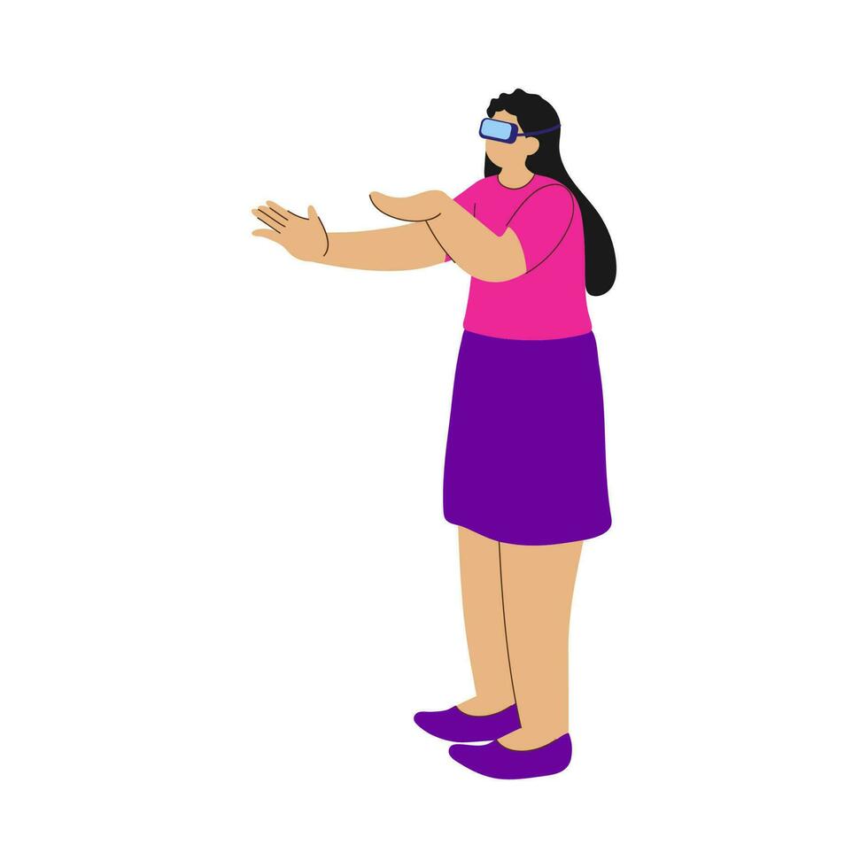 personaje de joven mujer vistiendo vr lentes con abierto mano palma en en pie pose. vector