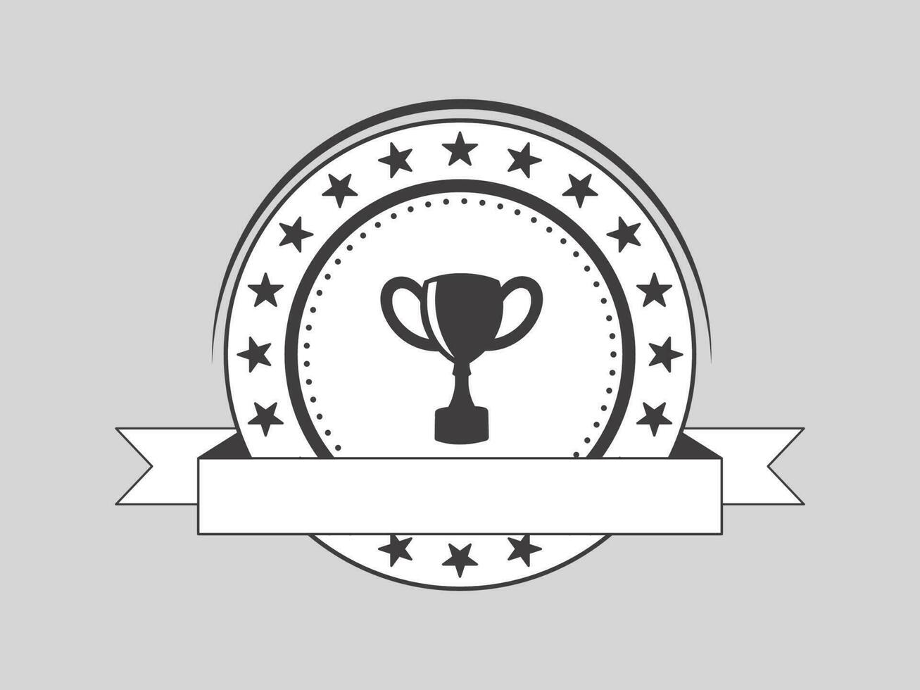Round Badge Or Label With Trophy, Blank Ribbon On Gray Background. vector