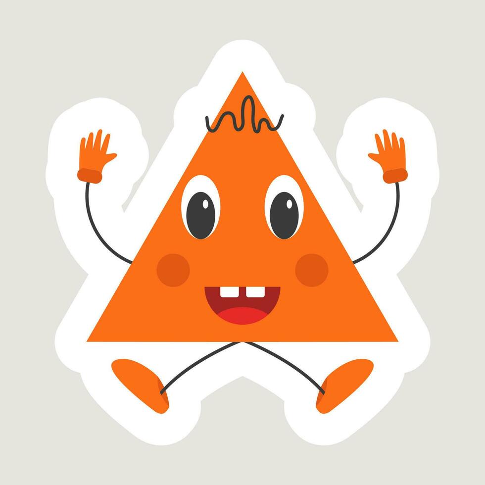 Isolated Sticker Of Laughing Orange Triangle Cartoon In Jumping Pose Over Grey Background. vector