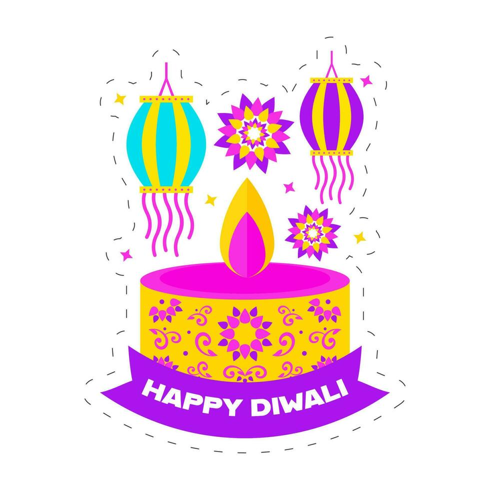 Happy Diwali Concept With Lit Tealight Candle, Hanging Lantern And Flower Element On White Background. vector