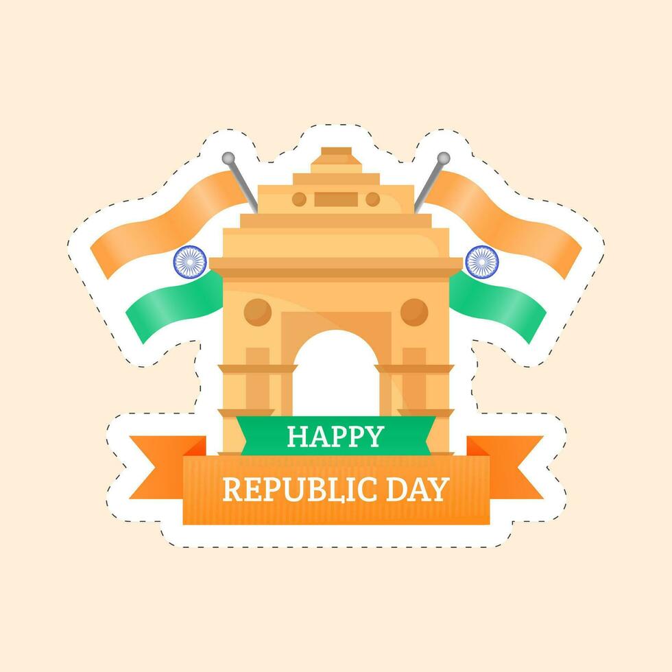 Happy Republic Day With India Gate, Monument, Tricolor Flag In Sticker Style On Peach Background. vector