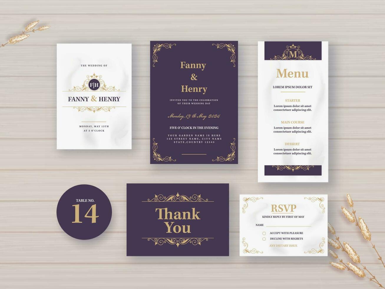 Elegant Wedding Invitation Suite In Purple And White Color. vector