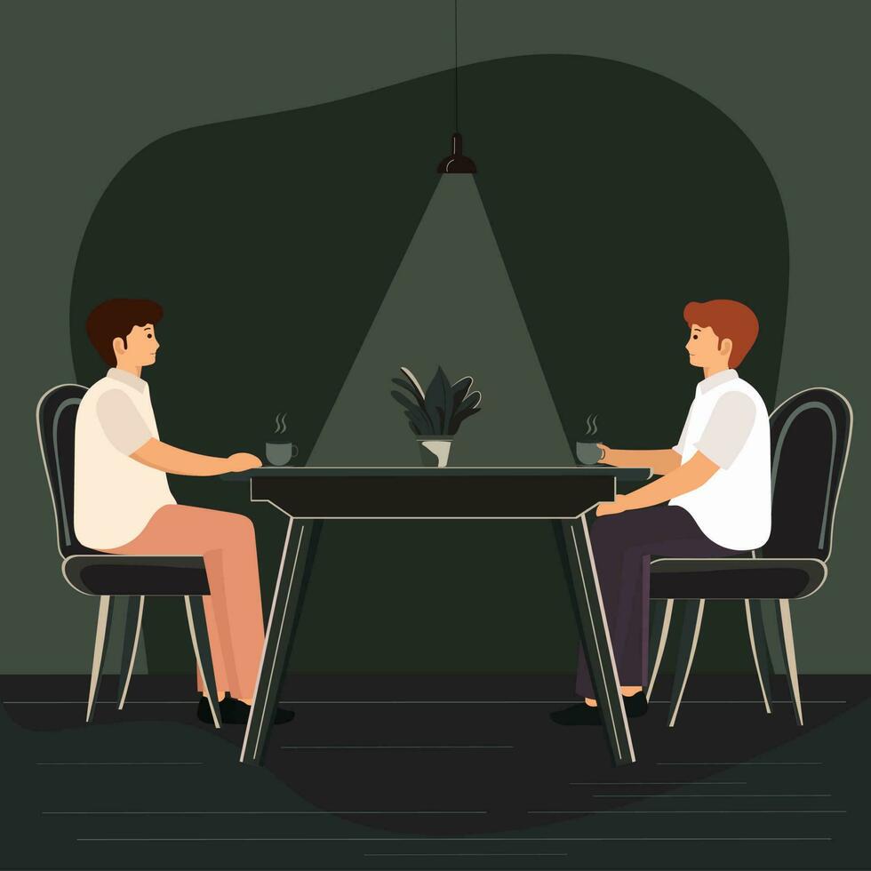 Male Colleagues Sitting Together And Drinking Tea or Coffee At Table Against Black Background. vector