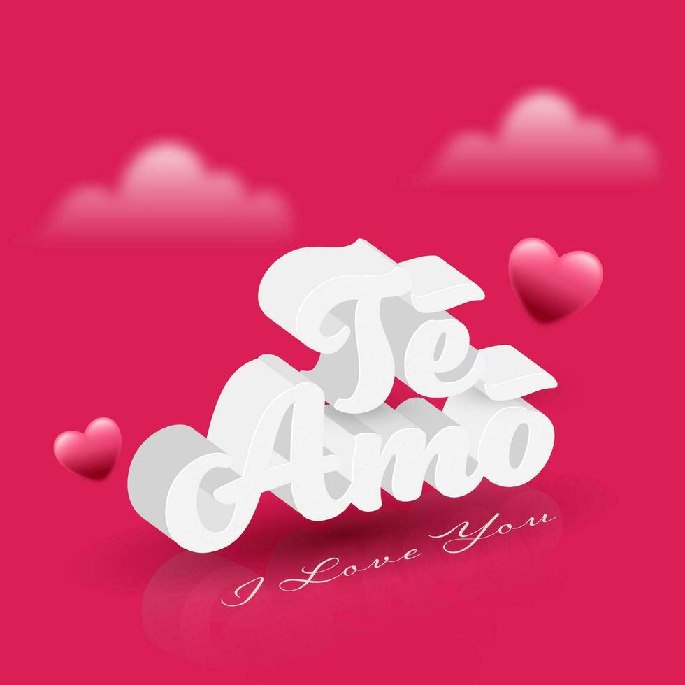 3d hacer blanco yo amor usted texto escrito en latín idioma con lustroso corazones y difuminar nubes en rosado antecedentes. vector