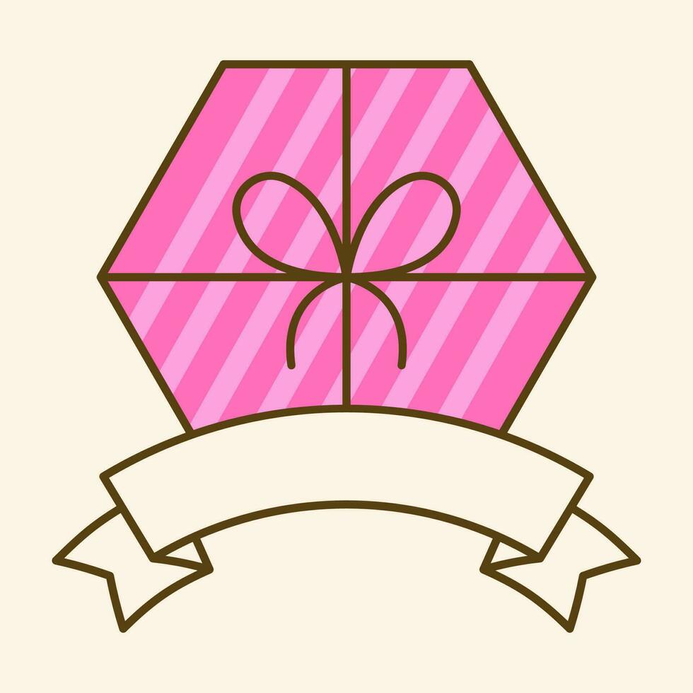 Top View Hexagon Pink Gift Box With Blank Ribbon On Beige Background. vector