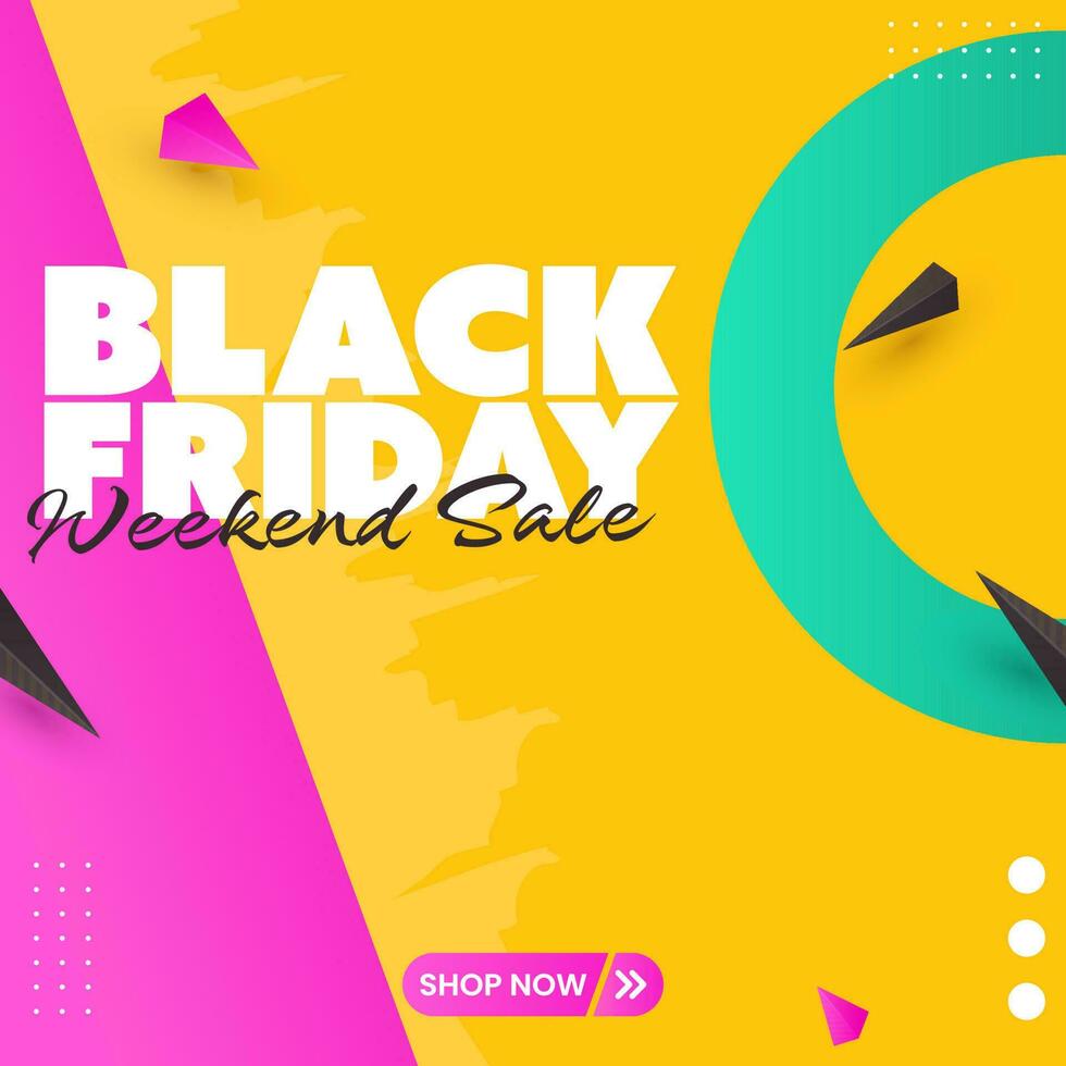 Black Friday Weekend Sale Poster Design With 3D Geometric Elements On Magenta And Chrome Yellow Background. vector