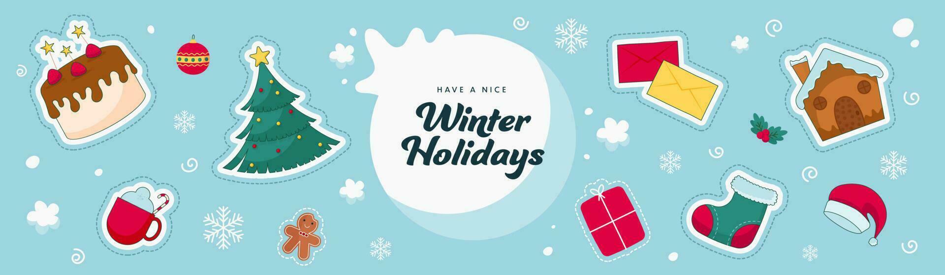 Winter Holidays Banner Or Header Design With Sticker Style Christmas Elements Decorated On Blue Background. vector