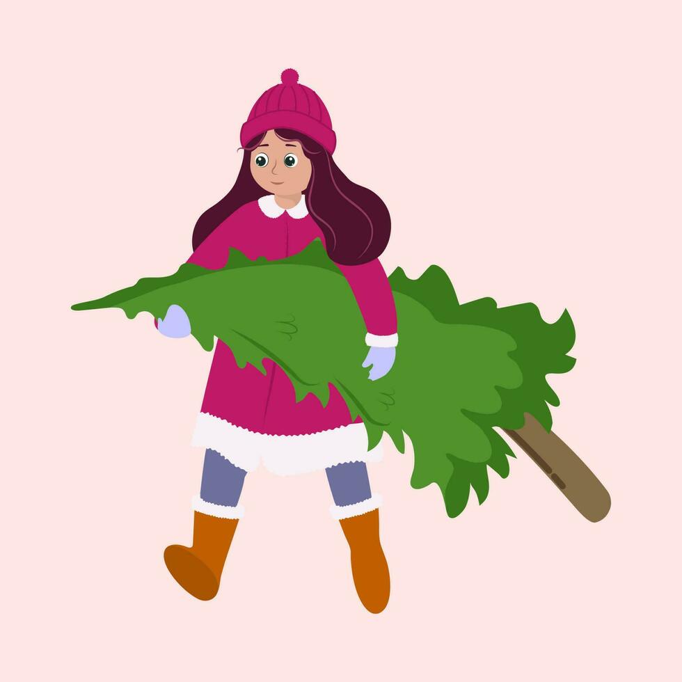 Character Of Young Girl Carrying Xmas Tree In Woolen Clothes On Pink Background. vector