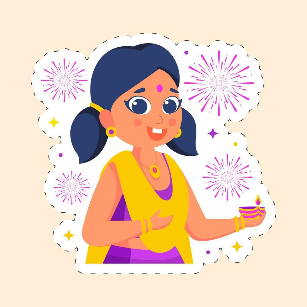 Cheerful Cute Girl Holding Oil Lamp Against Firework In Sticker Style. vector