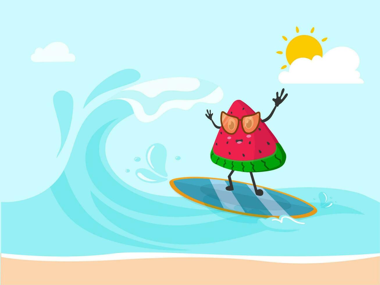 Cartoon Watermelon Slice Wearing Goggles On Surfboard Against River Background. vector