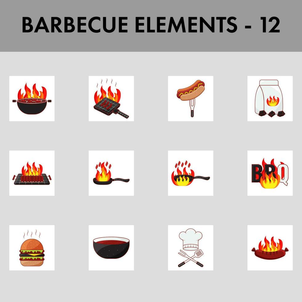 12 Barbeque Grill Element Set On Grey Square Background. vector