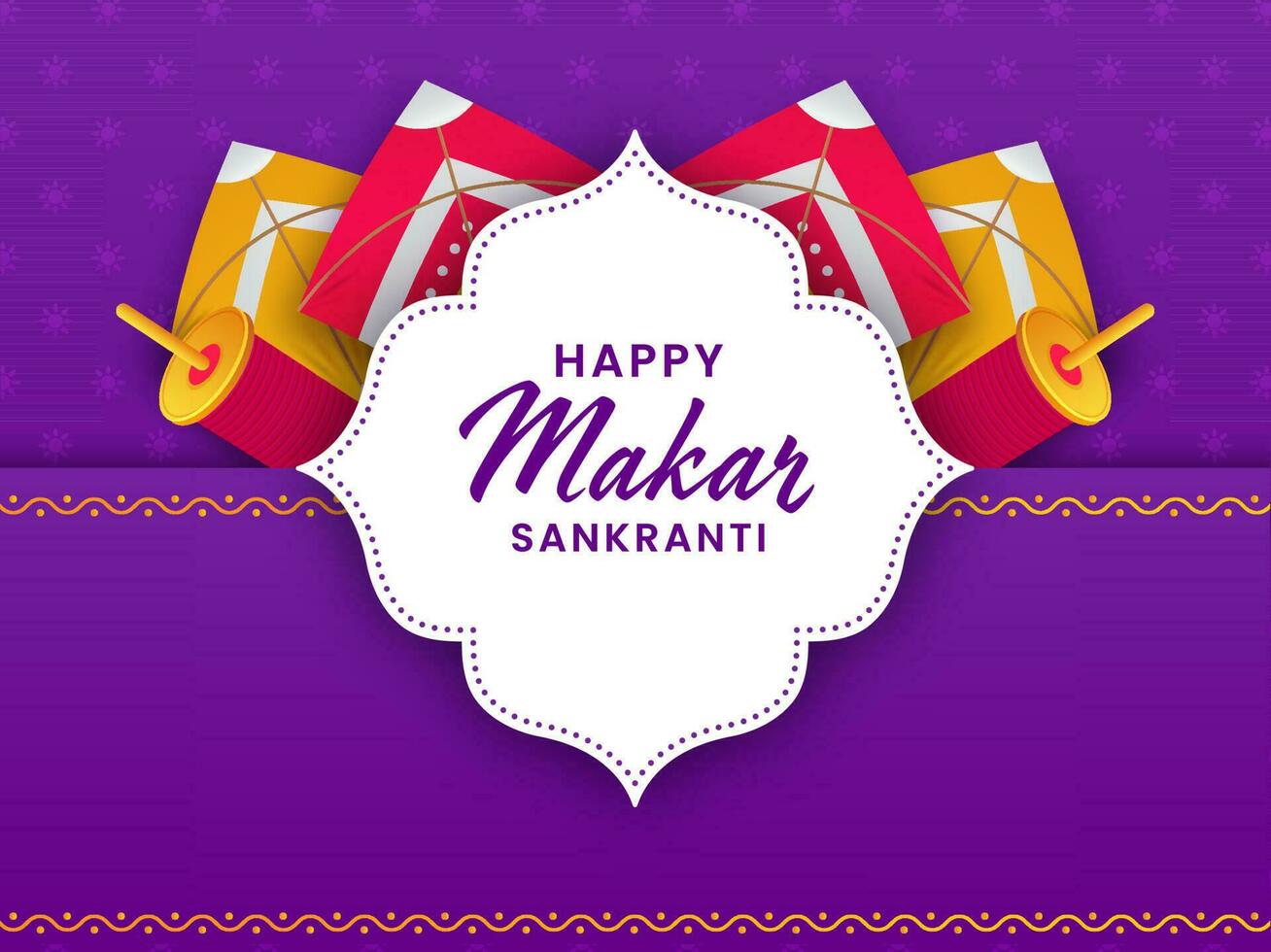 Happy Makar Sankranti Greeting Card With Kites, String Spools On Purple Background. vector