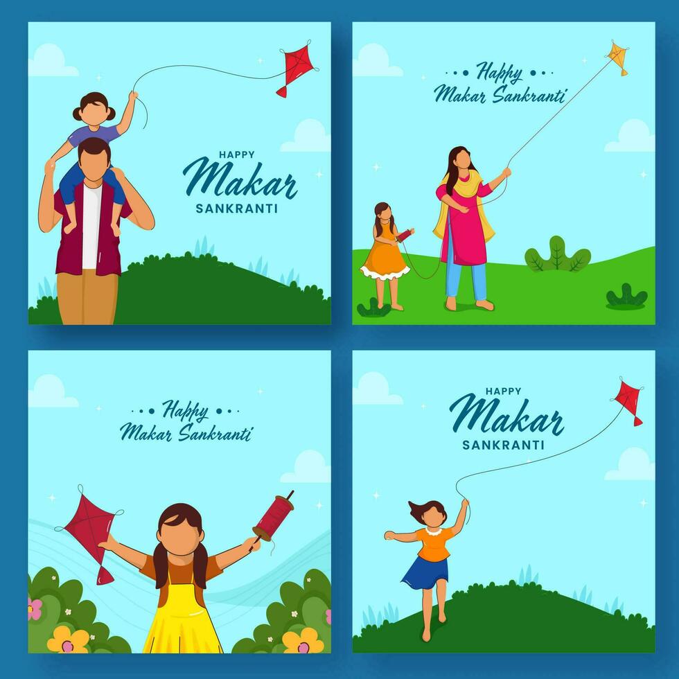 Social Media Post Or Template Set With Faceless Indian People Flying Kites On The Occasion Of Happy Makar Sankranti. vector