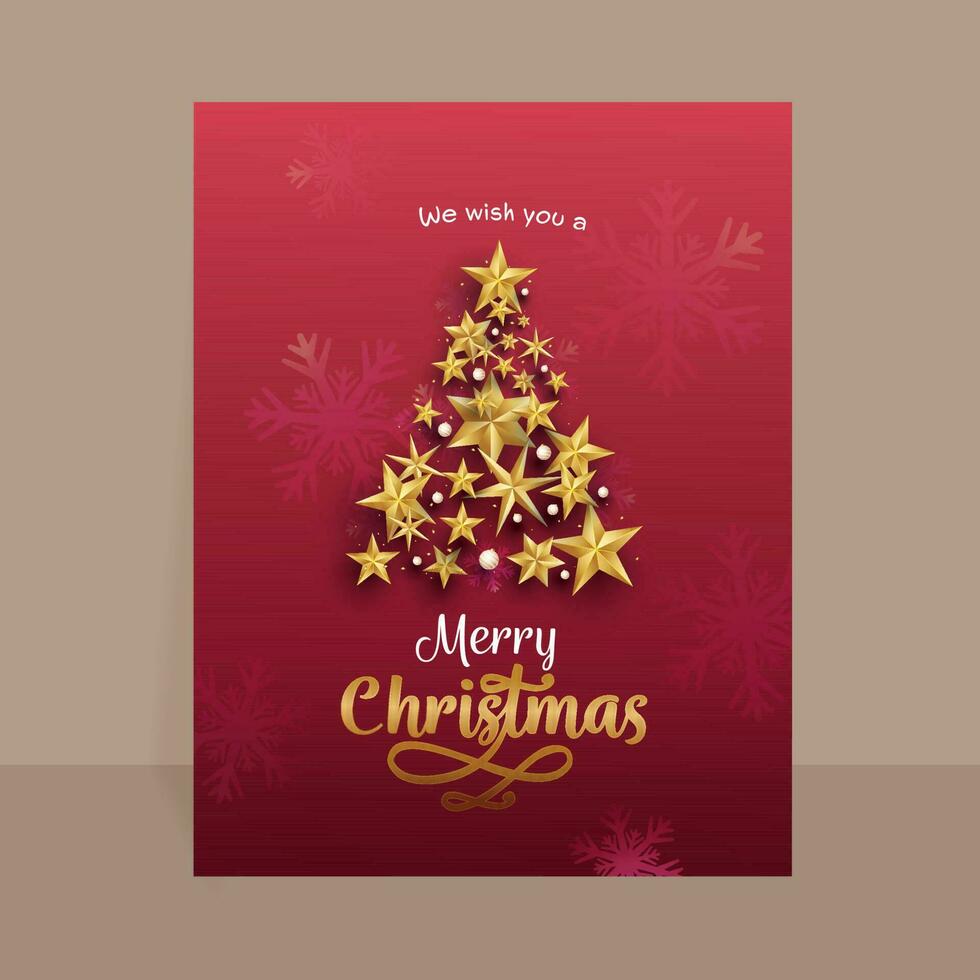 Merry Christmas Greeting Card With Xmas Tree Made By Golden Stars, Baubles, Confetti On Red Snowflakes Background. vector