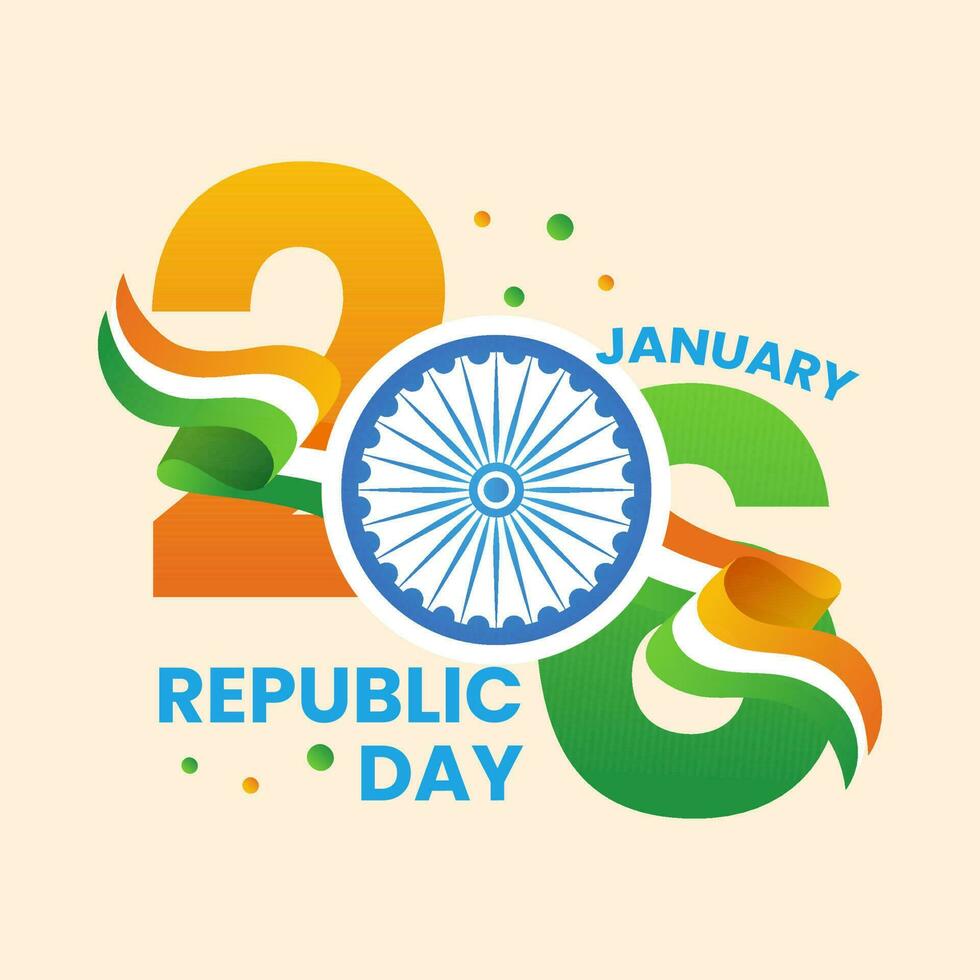 Indian Republic Day Celebration Concept With Ashoka Wheel, Balloon, Wavy Flag Ribbon Decorated Peach Background. vector
