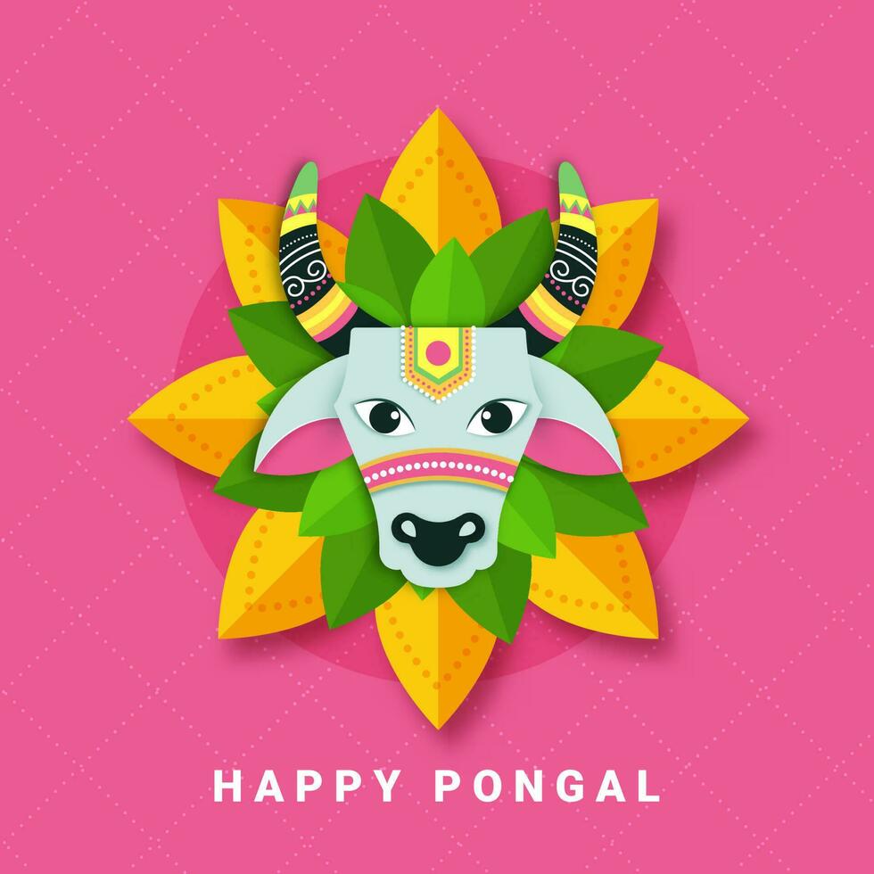 Happy Pongal Celebration Greeting Card With Paper Cut Bull Face Over Flower On Pink Crossed Dotted Lines Background. vector