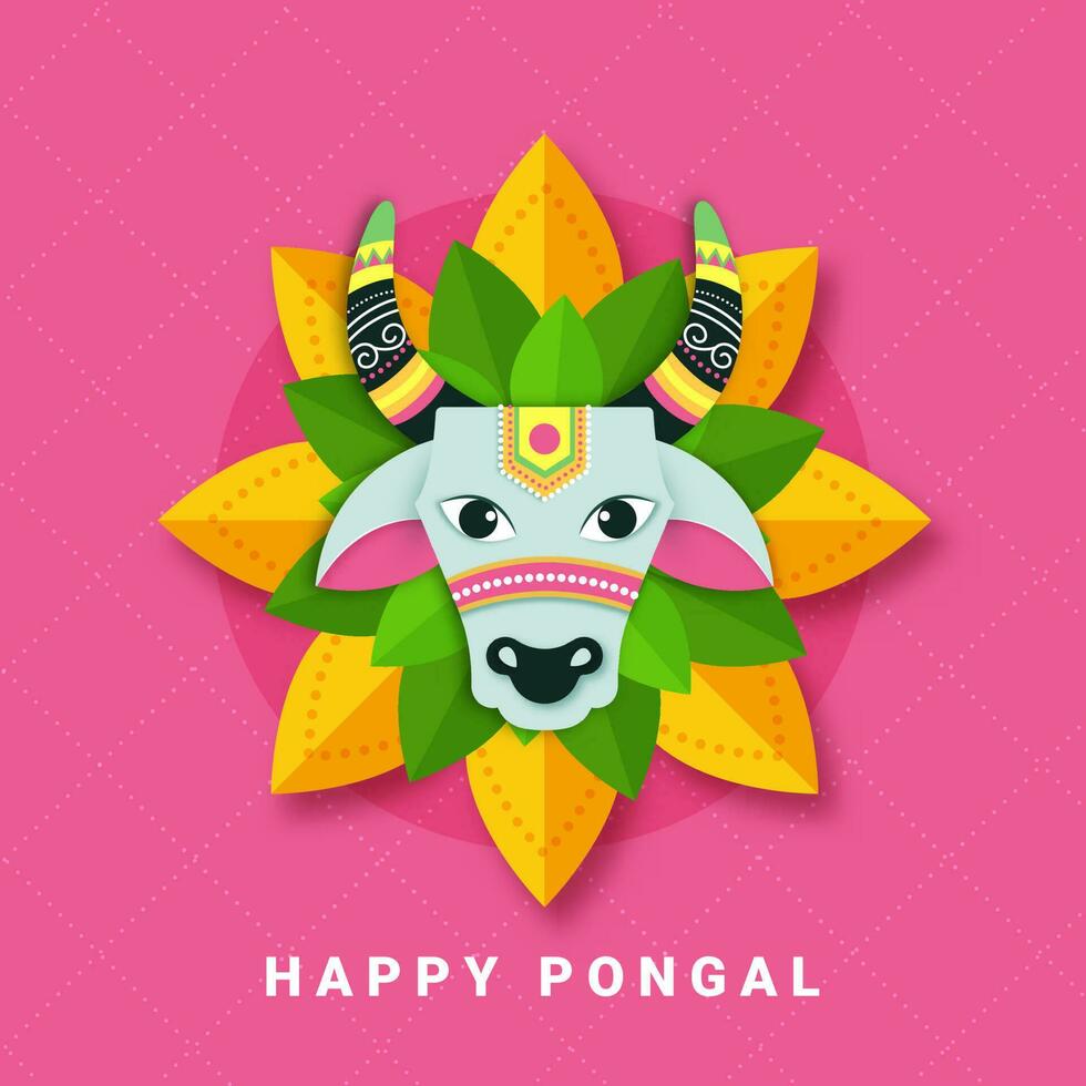 Happy Pongal Celebration Greeting Card With Paper Cut Bull Face Over Flower On Pink Crossed Dotted Lines Background. vector