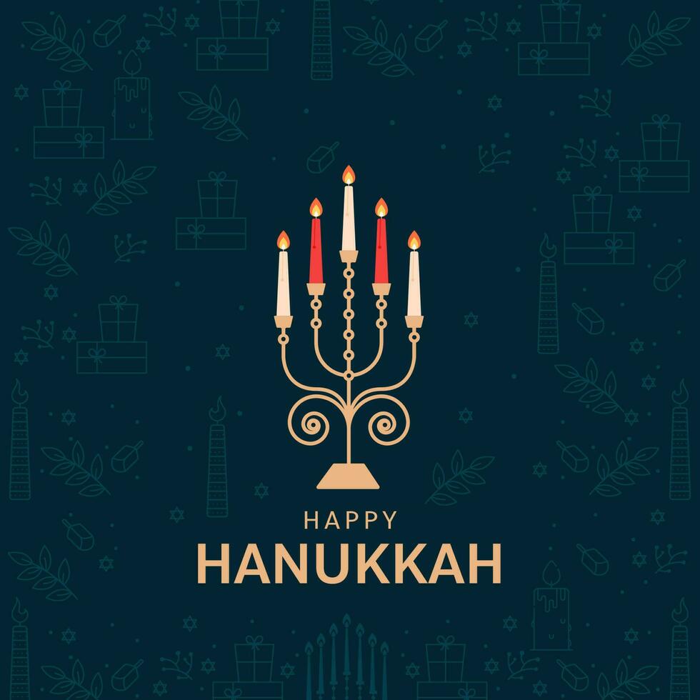 Happy Hanukkah Greeting Card With Illuminated Candelabra On Teal Blue Festival Element Pattern Background. vector