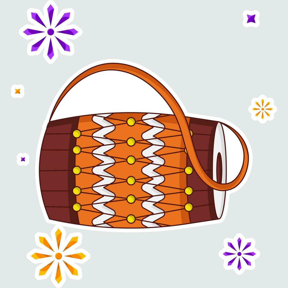 Isolated Sticker Of Musical Drum Over Stars Grey Background. vector