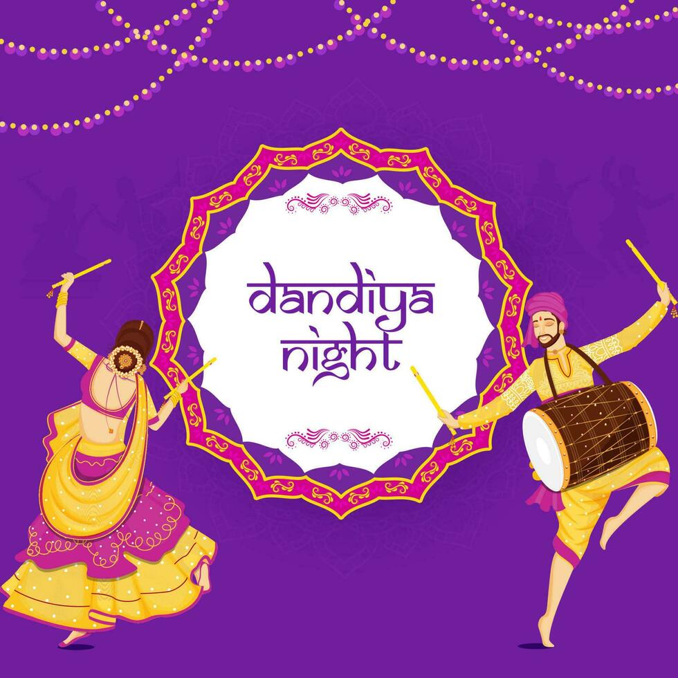 indio mujer bailando con dandiya palo y batería jugando tambor en el ocasión de dandiya noche. vector
